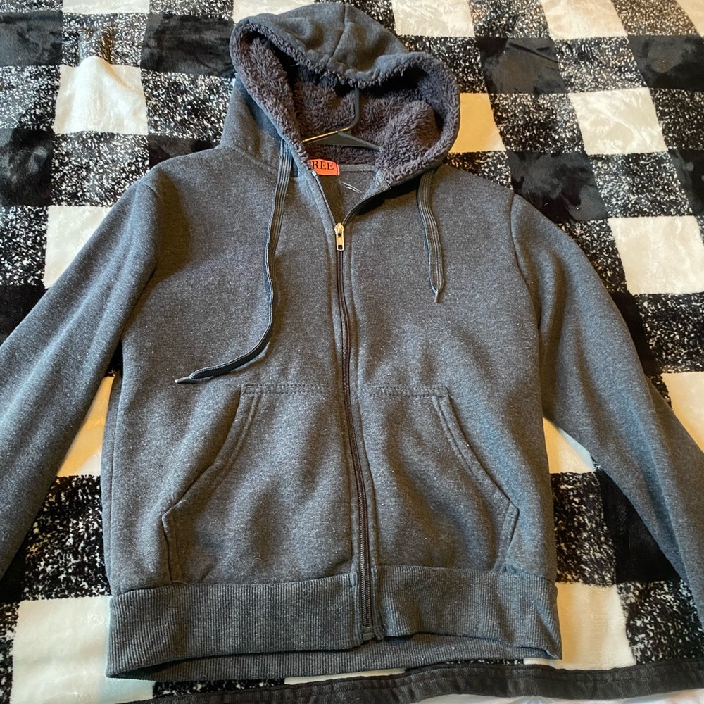 Grey zip up jacket with hoddie